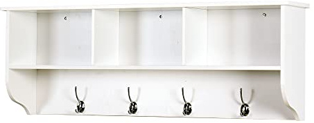 HEIGHYOXP Elegant White Wooden Wall-Mounted Coat Rack with Shelf - Entryway Organizer with 4 Dual Hooks - Modern Storage Display for Home Decor, Plants, Photos - MDF Construction - 39x8x14