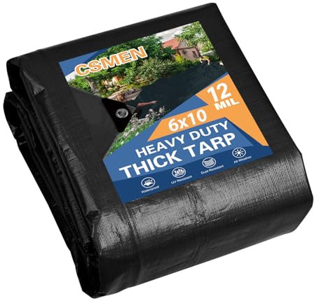 CSMEN Tarp Heay Duty Waterproof 6x10ft,Black Tarp Cover Plastic Poly Tarpaulin for Outdoor Cover,Emergency Rain,Roof, Pool, Boat,Camping - Multipurpose with 12Mil Thickness