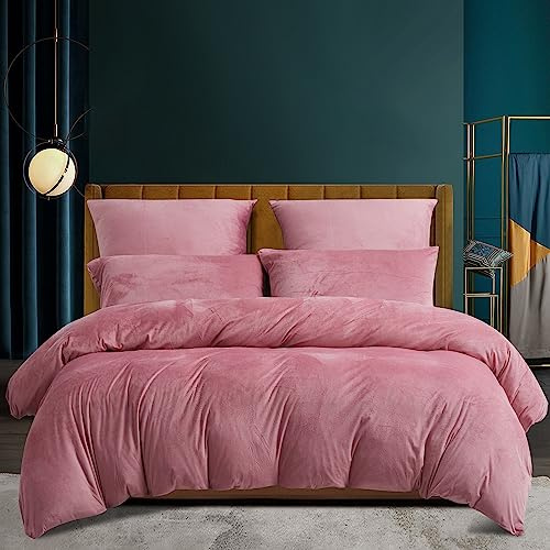 Luofanfei - Funda nórdica de invierno (220 x 240 cm, franela cálida, tacto Cashmere, forro polar, juego de cama de terciopelo rosa suave, con cremallera, ropa de cama para 2 personas con 2 fundas de