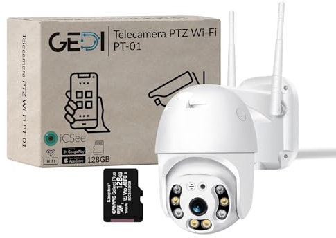 GeDi - Cámara wifi PTZ Dome 1080p 4 LED IR y 4 LED Array para videovigilancia de seguridad exterior con APP iCSee detección movimiento alarma PT-01 con memoria de 128 GB