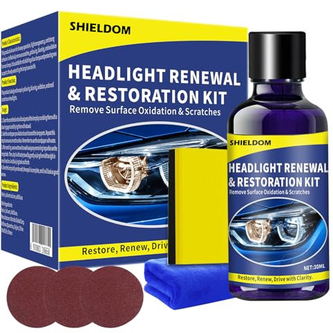 SHIELDOM Kit di ripristino dei fari dell'auto per rinnovare i fari dell'auto, 3 Fogli di Carta vetrata, 1 Spugna, 1 Asciugamano, rimuove Graffi, Ingiallimento e ossidazione, 30 ml
