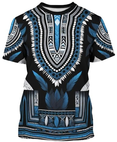 NLZI African Shirts for Men Unisex Dashiki Attire Clothing Traditional Short Sleeves Tee Blue