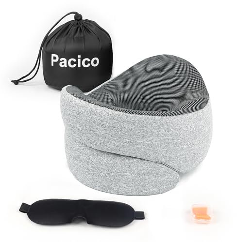 Pacico Travel Pillow, Neck Pillow, 100% Pure Memory Foam Sleeping Pillow for Car, Train and Airplane, Travel Kit with 3D Contoured Eye Masks and Earplugs, Grey