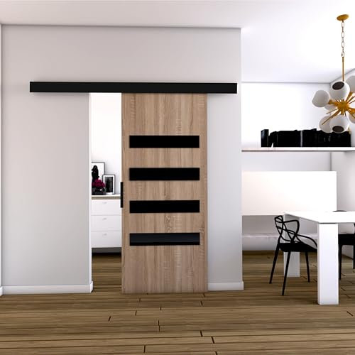 MINIO go for it - Porte Coulissante Interieur 96 cm, Système Porte Coulissante PRIM F, Porte Interieur, Portes Coulissantes, Éléments Décoratifs - Noir/Poignée Noire, Chêne Sonoma/Noir