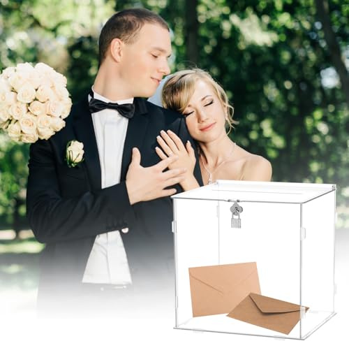 QWORK® Acrilico Scatola di Carta di Nozze con Serratura - 25,5 x 21 x 25 cm - Salvadanaio Trasparente per Eventi Speciali