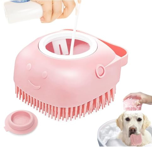 LEO-PAUL Brosse de Bain Démêlante en Silicone pour Chiens à Poils Courts et Longs Accessoire de Toilettage de Massage et Nettoyage Rapide avec Réservoir et Distributeur d'Eau et de Shampoing (ROSE)