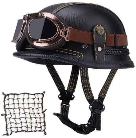 Labzaa Deutschen Motorradhelm Halbschalenhelm mit ECE, Retro Lederhelm Jethelme Vintage Mopedhelm mit Brille Sonnenblende, Offenem Helm für Herren und Damen D L