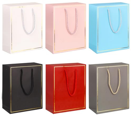 6pcs Pastel Gift Bag Bundle,Medium Size Gift Bags with Handle for Present,Pastel Blue, Pink, Red, Black, white,Grey for Christmas,Birthday,Easter,Bridal Showers,Any Occation (Pastel, Medium)