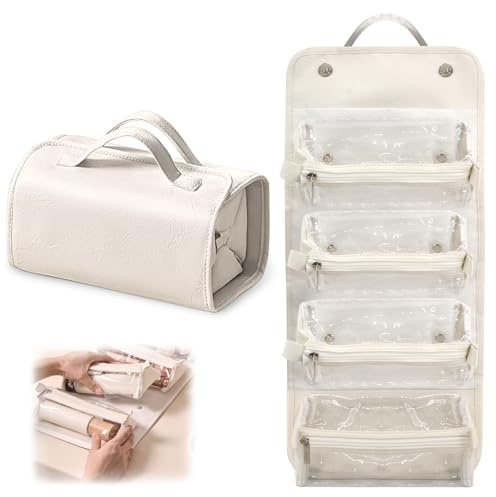 Folding Waterproof Cosmetic Bag Litchi Stria Travel Flat Lay Makeup Bag with 4 Multi Detachable Clear Compartment Hanging Large Capacity Makeup Prganiser Bag for Woman