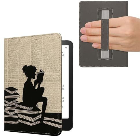kwmobile skyddsfodral för Amazon Kindle Paperwhite (2024)/Colorsoft fodral – eReader Flip Case med handledsrem och automatisk sömnfunktion – läsande kvinna med svart beige