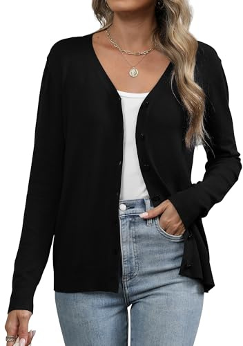 Famrrifuu Gilet Femme Cardigan avec Bouton Col en V Été Printemps Manches Longues Veste Tricot Léger Casual Gilets, Noir, XL