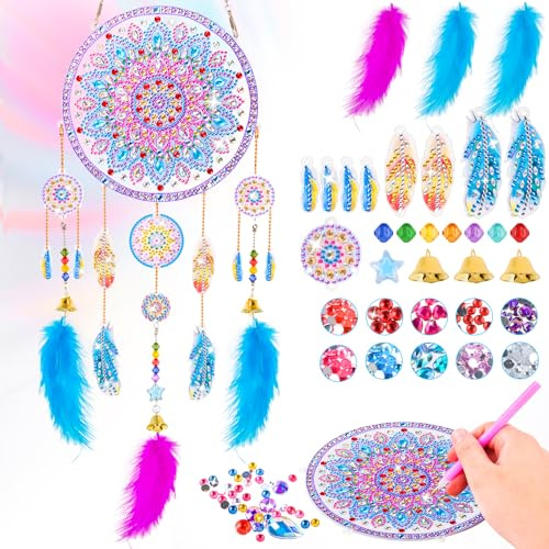 HGRGHH Kit Broderie Diamant Attrape Rêves, DIY 5D Carillons Éoliens avec Plumes, Créatif Peinture Diamant pour Filles 5-12 Ans, Décoration Maison Accessoire Chambre, Cadeau Anniversaire Noël
