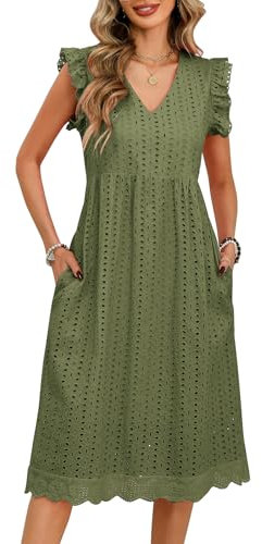 UMIPUBO Womens Summer Dress V Neck Ruffle Sleeve Midi Dress with Pockets Zippers Ladies Cotton Beach Boho Sundress Casual Travel Holiday (Green, L)
