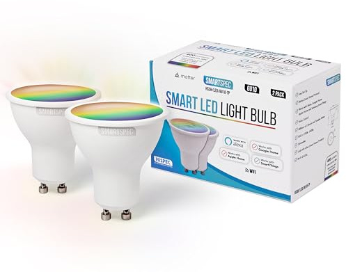 SMARTSPEC Smart Bulb 2 Pack, Smart WiFi LED Light. Works with Amazon Alexa, Google Home, Apple Home. Colour Changeable. Multicolour Smart Light Bulb ACK Matter GU10