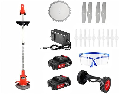 sinlikon Debroussailleuse Electrique sans Fil pour Jadin.,3 in 1 Coupe Bordure sans Fil avec 2 Batterie,3 Types de Lames,Lunettes de Protection,Roues Amovibles (Rouge)