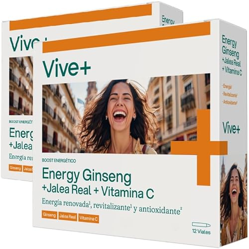 Vive+ Energy Ginseng con Jalea Real y Vitamina C – 2 paquetes de 12 Viales de 120 ml – Antifatiga Natural para Energía, Vitalidad y Defensas – Suplemento para Cansancio Físico y Mental – Sin Azúcar