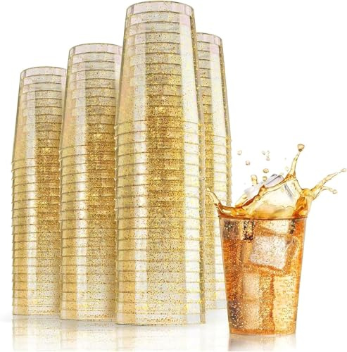 Woobroo 50 Pack Plastic Cups, 285ml/10oz Plastic Party Cups with Gold Glitter Reusable Plastic Glasses, Tumblers, Gold Cups for Drinks, Cocktail, Dessert, Wedding, Parties,Christmas