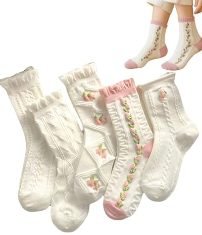 FUGLUS 5 paires Chaussettes en dentelle à volants, Chaussettes à volants en coton élastique - Costume d'écolière, Chaussettes À Motif Floral, Chaussettes Mi-Mollet pour Femme, Chaussettes Mignonnes