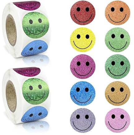 1 000 stycken Smiley klistermärken, 2 rullar 25 mm Happy Face runda klistermärken, färgglada 8 färger smiley-klistermärken, lärare belöningsklistermärken för belöningsklistermärken