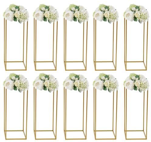 JUDEMII 10 supporti per fiori dorati, in metallo, per matrimoni, colonne, decorazione rettangolare, per matrimoni, feste, 24 x 24 x 60 cm