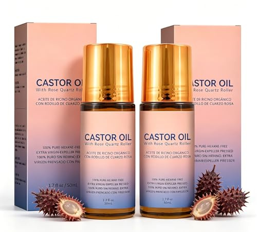 Ekologisk ricinolja med rosenkvartsrulle – Roller Ball ricinolja kallpressad ricinolja för hår, ögonfransar och ögonbryn, naturlig vårdande olja för ansikte och kropp – hexanfri, 50 ml (2 st)