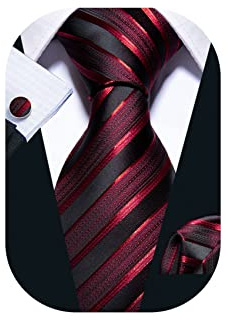 Barry.Wang Burgundy Tie Sets for Men Silk Stripe Necktie Woven Checkered Handkerchief Cufflinks Formal Business Wedding Black