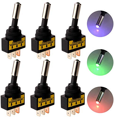 Gebildet 6pcs 12V-24V 20A 3 Broches Voiture Moto Interrupteur Inverseur à Bascule Levier avec Lumière LED(Rouge/Bleu/Vert,Chaque 2pcs)