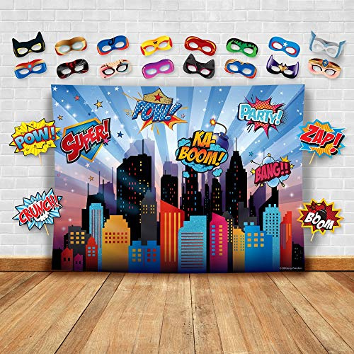 Wonder Woman et Autres Super-héros Fond de Photographie de Paysage Urbain, Accessoires de Studio et Masque. Fond de photomaton de Ville - Fête d'anniversaire de Fille et décoration d'événement
