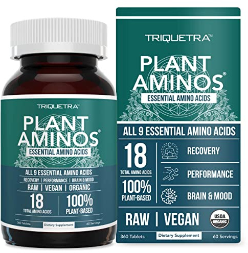 Plant Aminos Organic Essential Amino Acid Supplement (EAAs) & BCAA - 100% Plant-Based Raw, Vegan - All 9 Essential Amino Acids with 18 Total Amino Acids (360 Tablets)
