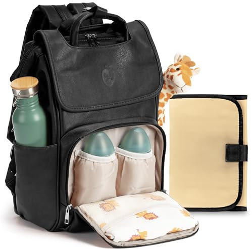 Baby Uma Wickeltasche mit Wickelunterlage - Wickelrucksack mit isolierten Flaschenhaltern, Windeltasche mit großer Kapazität für Unterwegs, Kunstleder Wickeltasche Kinderwagen, Rucksack mit Laptopfach