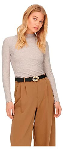 ONLY Damen Dünnes Langarm Shirt | Geripptes Stehkragen Basic Longsleeve ONLEMMA | Gewelltes Oberteil, Farben:Beige, Größe:M