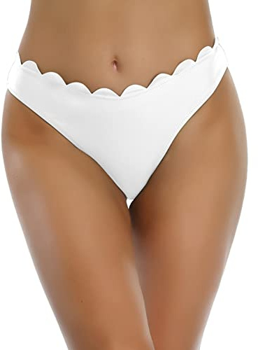 SHEKINI Maillot de Bain Femme Bas de Bikini Classic Scalloped Edge Triangle Bikini de Plage Slip de Bain Moderate Coverage Couleur Unie Swim Trunks(XL,Blanc)