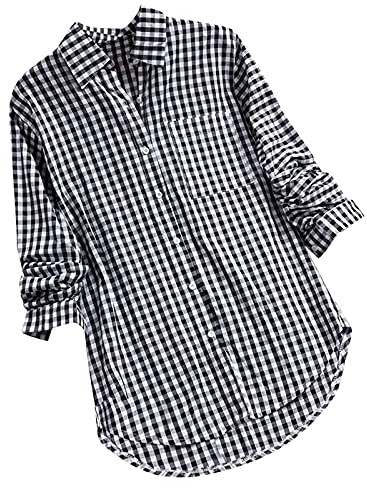 Womens Shirts Long Sleeve Spring Wedding Women Plus Size Y2K Button Checked Shirt Loose Fit Lapel Comfortable Black XXL