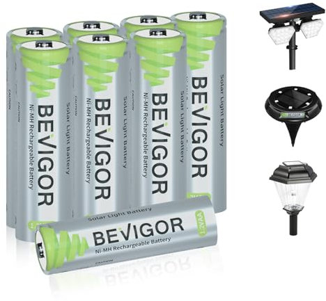 BEVIGOR 8 Pilas Solares Recargables AA Ni-MH 1000mAh 1.2V, Alta Potencia, Ideales para Luces Solares Exteriores Y Guirnaldas Luminosas
