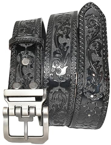 PACDE Western Retro Genine Leather Cowskin Jeans Flower Embossing Men Belt, 125 cm