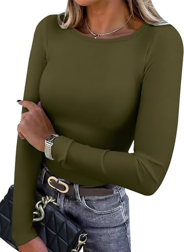 WIHOLL Long Sleeve Tops Women Light Fleece Crewneck Slim Fitted Thermal Undershirts Casual Basic Tee T Shirts for Women UK Army Green M