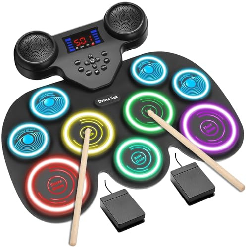 Batterie électronique avec lumières LED dynamiques à 7 couleurs, 9 pads Bluetooth MIDI, coussinets de batterie électrique extra épais pour un meilleur rebond, cadeau de Noël/anniversaire parfait pour