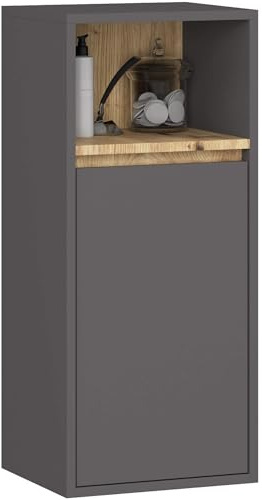 AKORD Pensile Bagno Sospeso VAMI 35 cm - 1 Anta 3 Ripiani - Mobiletto Salvaspazio da Parete - Design Moderno e Robusto in Pannelli Laminati - Arredo Bagno 35x80x30 cm - Grigio Grafite & Rovere Artisan