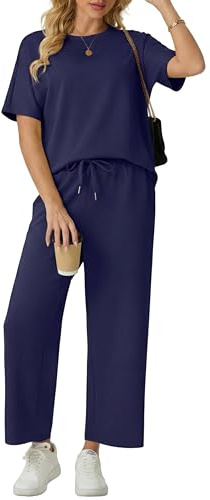 GRECERELLE Airport - Completi Due Pezzi Lounge per Donna Tuta Donna Set Completo Estivo Maniche Corte Casual Girocollo Maniche a Cappuccio Top e Pantaloni da Jogging con Tasche, blu navy, M