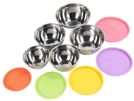HUSHUI Juego de Tazones para Mezclar de Acero Inoxidable para Hornear, Cocinar y Preparar, 5 uds., Tazones Anidados con Tapas, Diseño Duradero que Ahorra Espacio