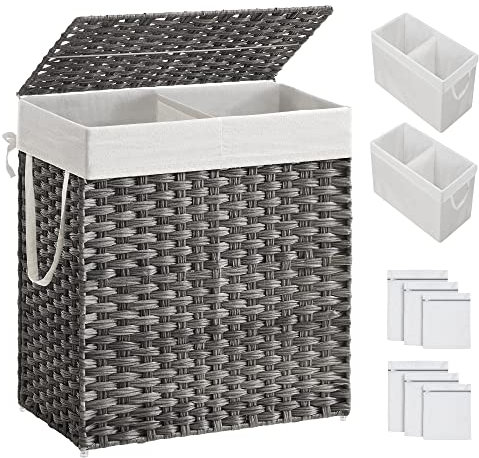 SONGMICS Cesto Porta Biancheria Intrecciato a Mano, 110L, Cesta in Rattan Sintetico Pieghevole con Coperchio e Manici, Sacco Interno Rimovibile, per Vestiti Differenziati, Grigio LCB52WG