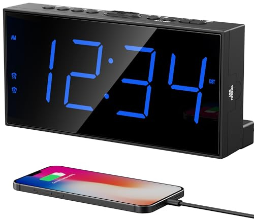 Large Display Alarm Clock for Bedroom, Easy to Read 7.5 LED Clock with Big Numbers, Dual Alarm for Couples, 5-Level Dimmer, Loud Alarm for Heavy Sleepers, USB Charger, Plug-in with Battery Backup