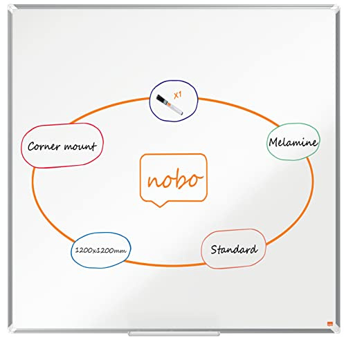 Nobo Melamine Whiteboard, Non-Magnetic, 1200 x 1200mm, Aluminium Trim, Corner Wall Mounting, Includes Whiteboard Pen, Premium Plus, 120 x 120cm, White, 1915169