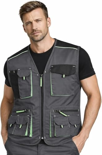 BWOLF Brave - Gilet da lavoro multifunzione da uomo, con chiusura lampo, rinforzato con poliestere Oxford 600D, grigio/verde., M