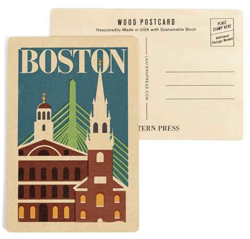 Boston, Massachusetts, Woodblock (4x6 Birch Wood Postcards, 2-Pack Stationary, Rustic Home Wall Decor)
