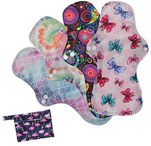 6er Pack wiederverwendbare Damenbinden mit Bambuskohle | Waschbare, wasserdichte, saugfähige Menstruationspads für starke Perioden | Bonus Aufbewahrungstasche (Mehrfarbig, x-groß (Packung mit 4))