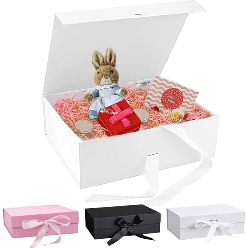 Geschenkbox, 21x17x7cm Geschenkbox mit Schleife, Geschenkboxen mit Deckel, Verpackungsbox, Rechteckige Geschenkschachtel, Partei Geschenkboxen,Magnetfaltbox für Hochzeiten,Geburtstage,Jubiläen(Weiß)