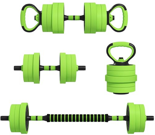SPORTNOW Set Pesi da Palestra 4 in 1 da 40kg Totali in Plastica e Sabbia, Set Manubri Regolabili Utilizzabile come Kettlebell, 2 Manubri, Bilanciere e Supporto per Flessioni, Verde