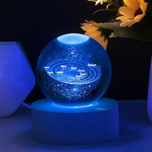 HOTUT Sfera di cristallo con sistema solare 3D con base in legno, luce notturna a LED per tavolo, regalo di compleanno, anniversario, decorazione per la casa