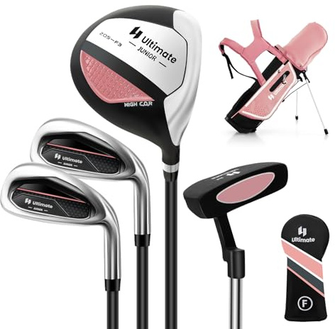COSTWAY 4-teiliges Kinder Golfschläger Set, Rechtshand Golfschlägersätze mit Golftasche & Regenhaube, Komplettes Golf Set inkl. 7 Eisen, S Eisen, 3 Fairway & Putter für Kinder von 5-7 Jahren(Rosa)